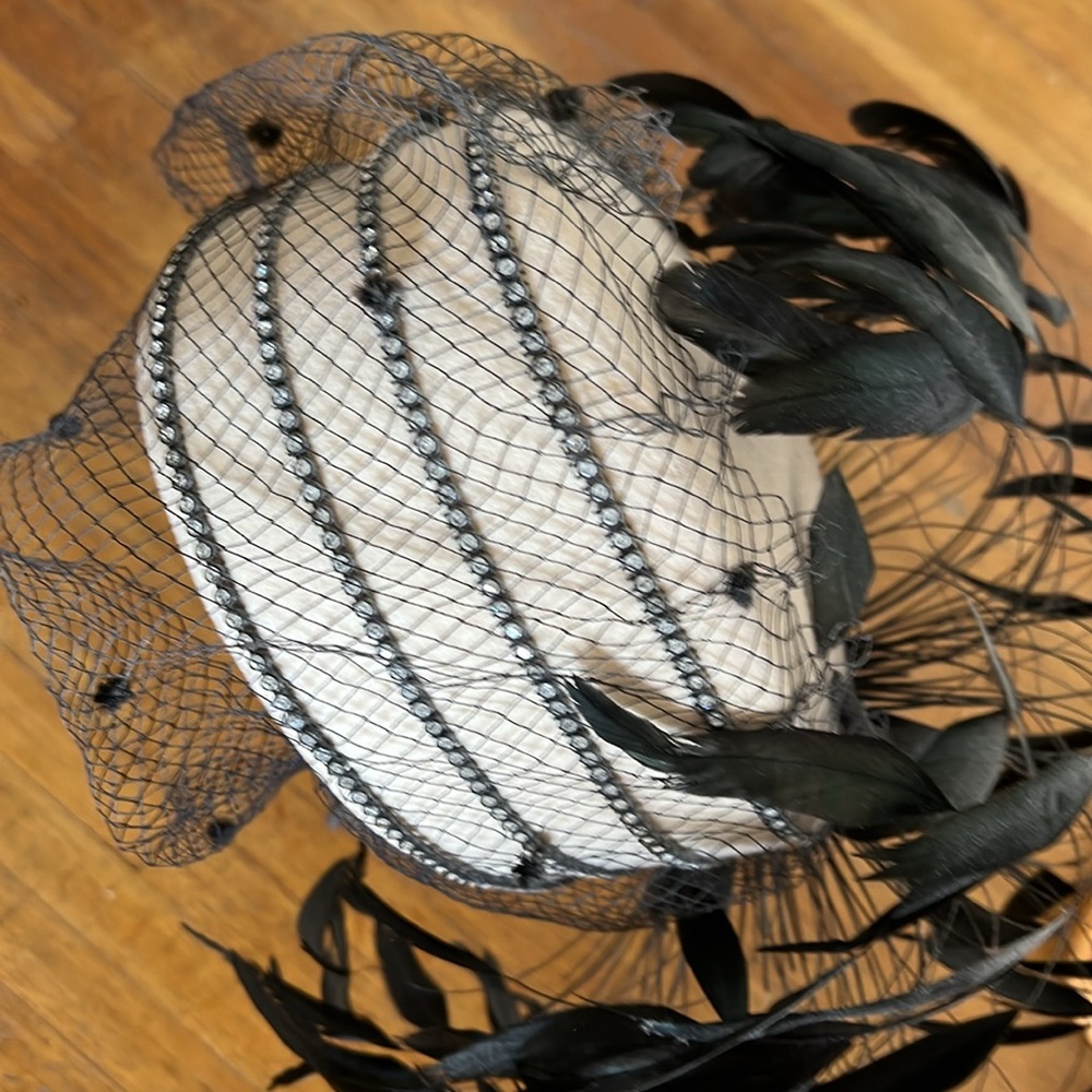 Vintage Don Anderson Hat Feathers Black Cream Rhinestones Clean Wedding Funeral